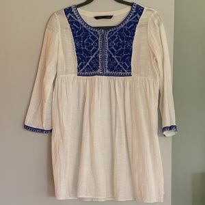 ZARA Blue & White Embroidered Tunic Blouse